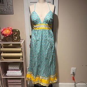 JCrew Block Print Halter Maxi Dress - Teal and Yellow
